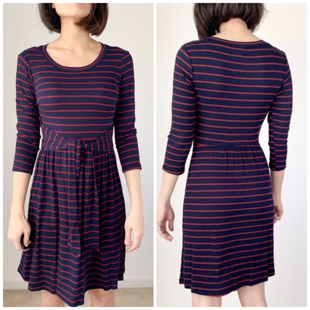 CREW NECK WAIST TIE STRIPED DRESS - Picture 5 of 11